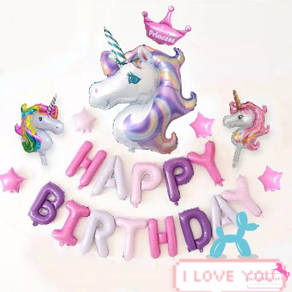 Set Balon Dekorasi Ulang Tahun Anak Sekolah Unicorn Birthday Foil