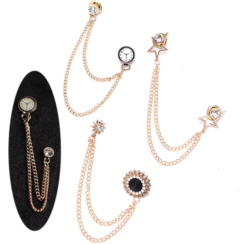 # Kaos T-Shirt Wanita Lengan Pendek Motif Print #Pin Bros Bentuk Jam Dengan Rantai Rumbai Aksen Kristal Gaya Retro Untuk Pria Dan Wanita