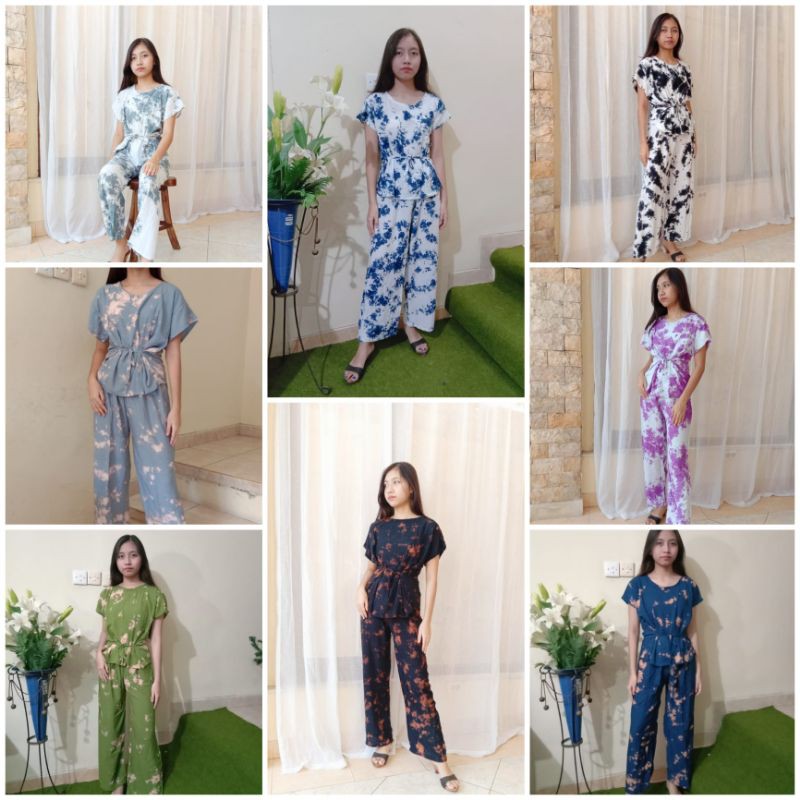 Setelan Piyama Tye Dye Baby Doll Wanita Atasan Lengan Pendek Tali Pinggang Murah