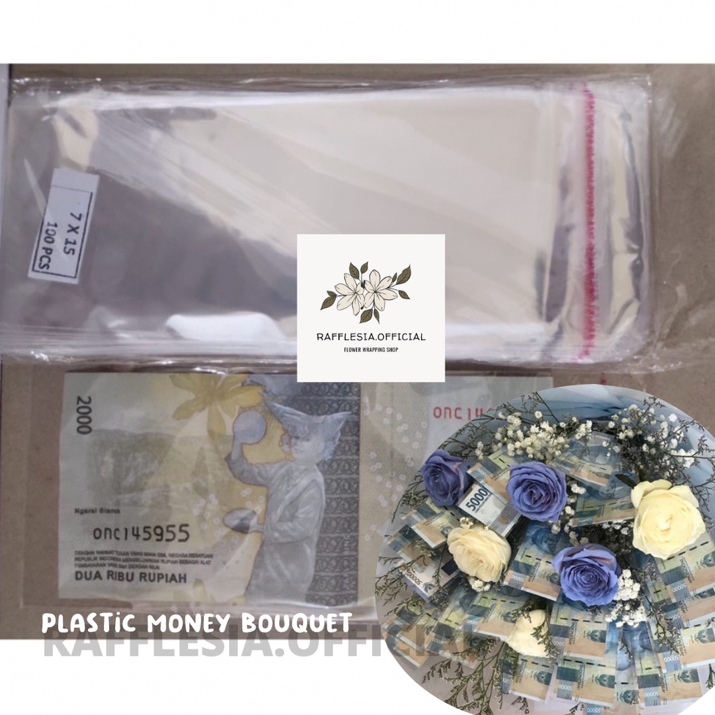 

PLASTIK MONEY BOUQUET DENGAN SEAL PEREKAT PLASTIK OPP 7x15CM PLASTIK BUKET UANG PLASTIK PEMBUNGKUS