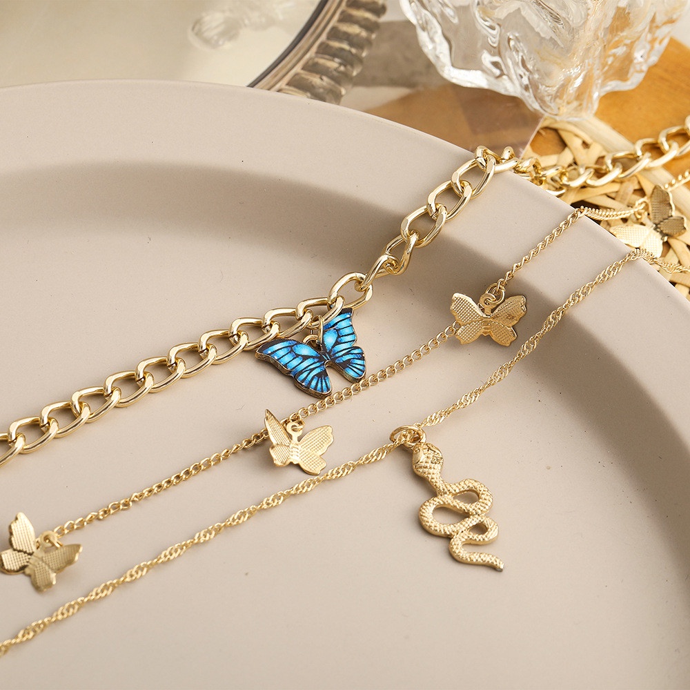 【COD Tangding】3 Pcs / set Kalung Multilayer Panjang Bentuk Ular Butterfly Warna Biru Emas Gaya Retro Eropa Amerika