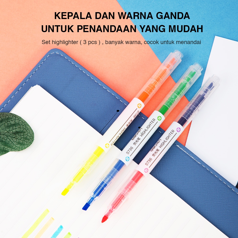 Deli highlighter ujung 2 warna 3pcs/pak 6 warna S736