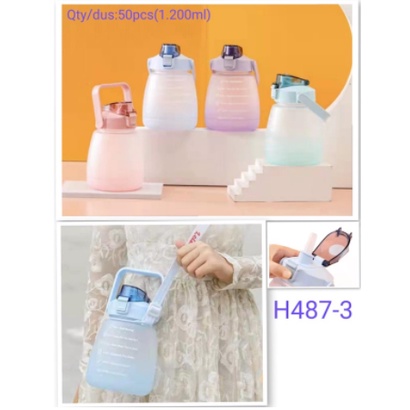 Botol Minum NEW Big Belly Water Bottle Penanda Waktu Motivasi Gradasi Pastel DOFF 1200ml H487-3