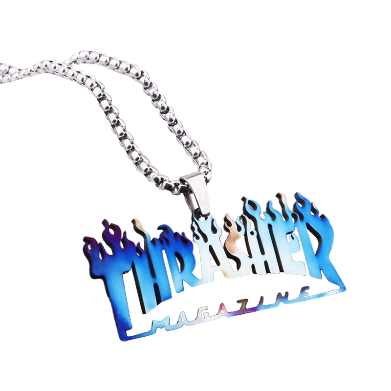 Kalung Dengan Liontin Desain Thrasher Magazine Flame Gaya Hip Hop Untuk Pria
