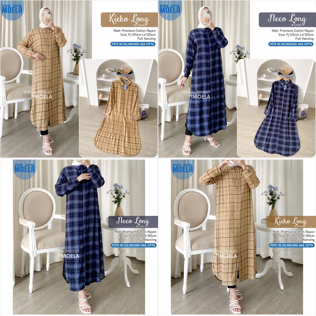 ORIGINAL MOELA LONG TUNIK ld 105cm KIEKO NECA fu;ll kancing premium cotton rayon atasan MUSLIM lebar