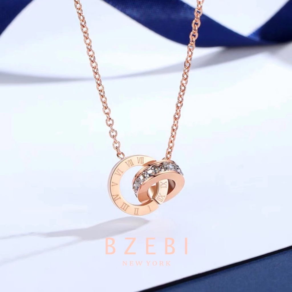 Bzebi Kalung Rantai Titanium Steel Rose Gold 18k Liontin Angka Romawi 961n Hias Berlian Untuk Wanita