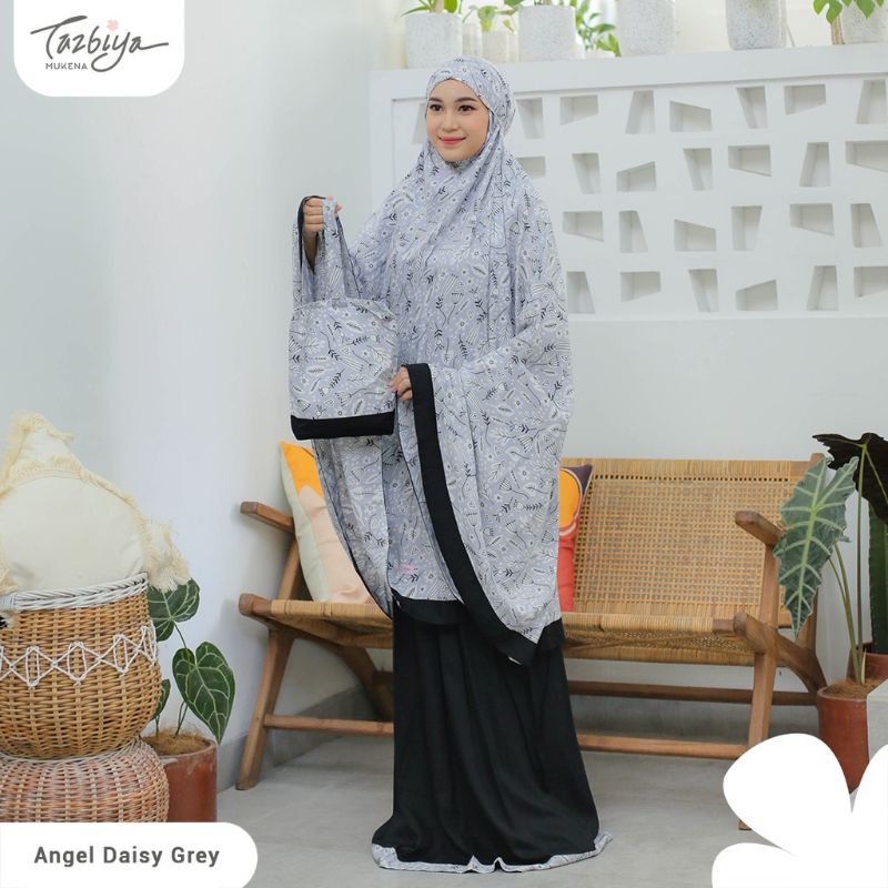 Mukena Tazbiya Angel Daisy Grey Blue Cream Jumbo Dewasa Katun Rayon Adem Motif Cantik Treveling