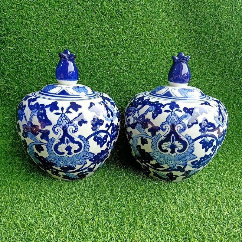 Toples keramik biru putih/ Tochin chinoiserie keramik biru putih/ Pajangan keramik biru putih