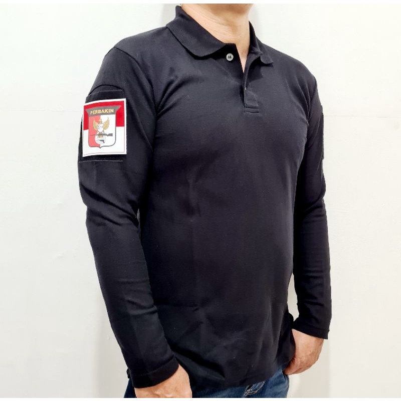 Kaos Logo Perbakin Polo Lengan Panjang Baju Model PDL Tactical Free 3 Emblem Patch Tempelan Velkro
