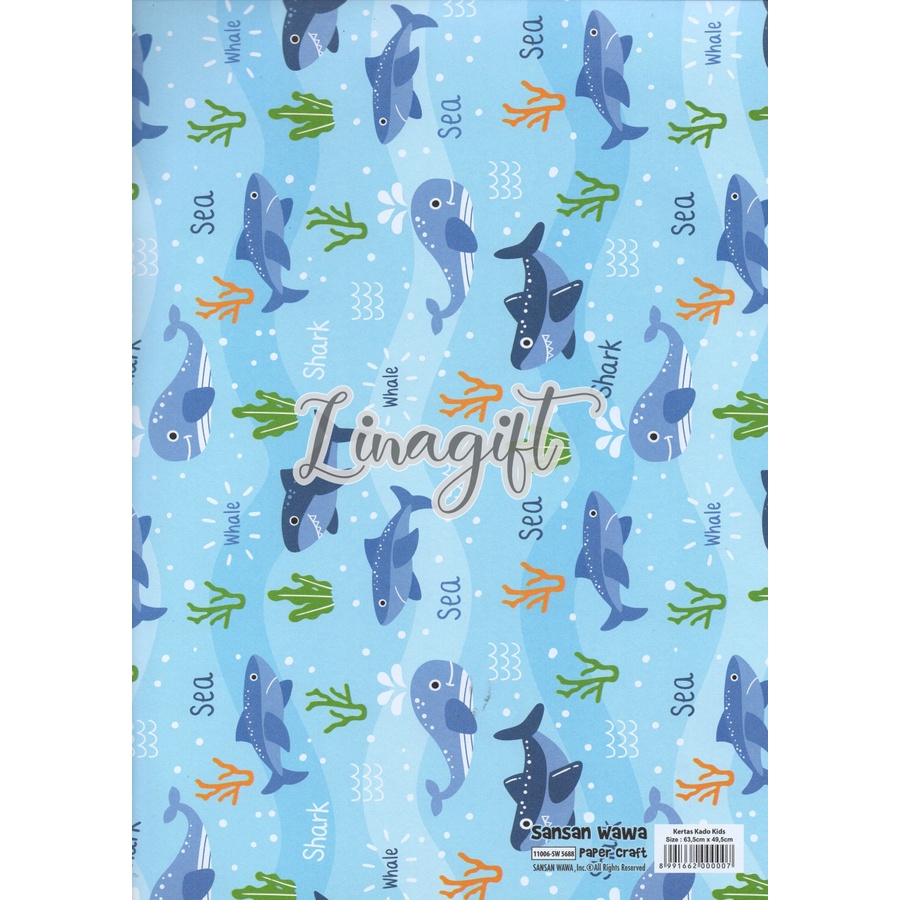 ( 5 Lembar ) SHARK SANWA - KERTAS KADO ANIMAL CARTOON - GIFT WRAP PAPER SANSAN WAWA IKAN HIU / NEMO / CUTE BINATANG / WHALE PIRATE DOLPHINS BLUE SEA MARINE LIFE SUBMARINE