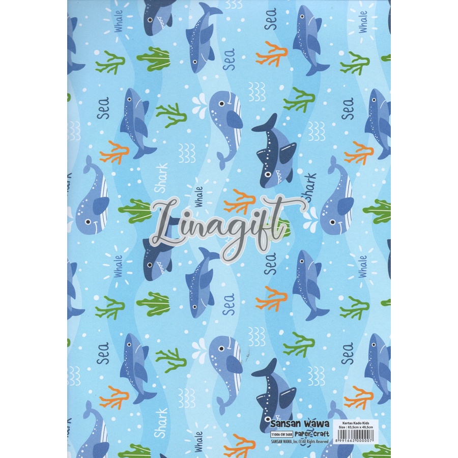 ( 5 Lembar ) SHARK SANWA - KERTAS KADO ANIMAL CARTOON - GIFT WRAP PAPER SANSAN WAWA IKAN HIU / NEMO / CUTE BINATANG / WHALE PIRATE DOLPHINS BLUE SEA MARINE LIFE SUBMARINE