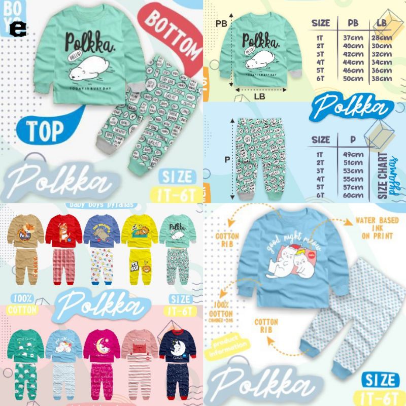 Baju Tidur Setelan Lengan Panjang Untuk Anak Laki-Laki dan Perempuan Brand Polkka usia 1 tahun hingga 6 tahun