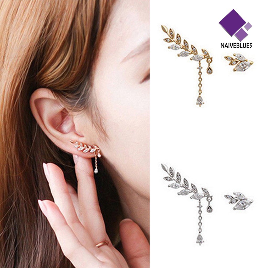 Anting Stud Rumbai Bentuk Daun Asimetris Anti Karat Untuk Wanita