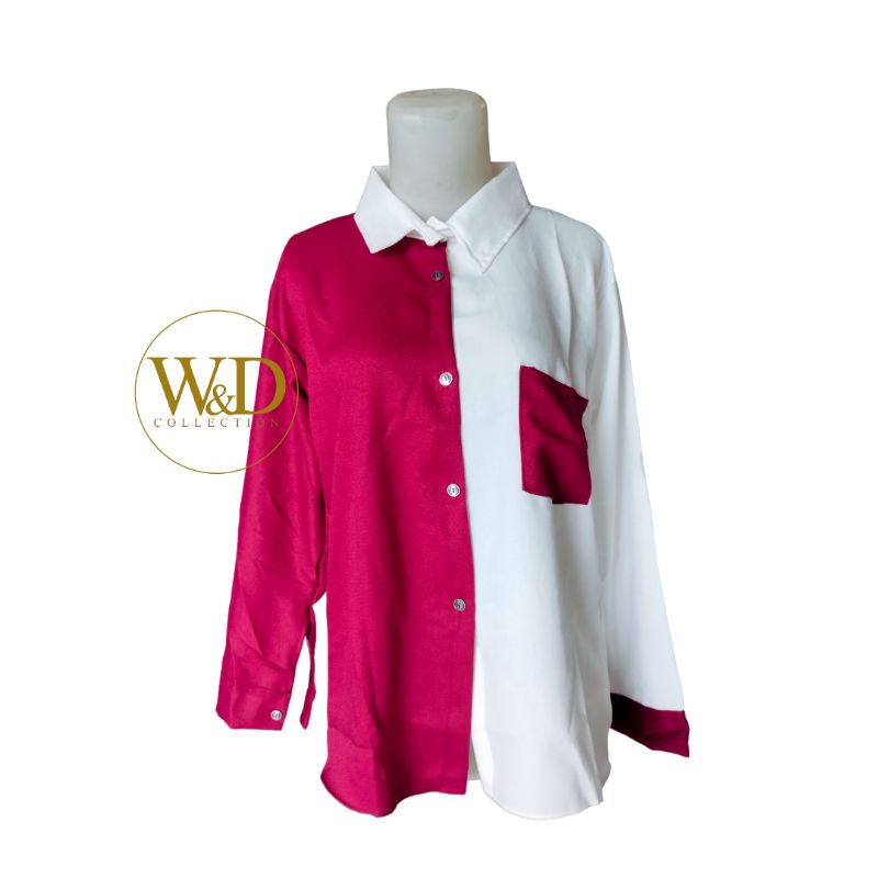 Kemeja Wanita Polos Casual Blouse Basic Kombinasi Warna Lengan Panjang Kekinian  Moscrepe-Marun Kombi 84