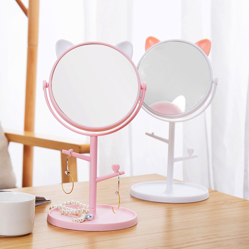 Grosir - C915 Kaca Meja Rias Bentuk Bulat / Cermin Motif Telinga Kucing &amp; Panda /Standing Mirror