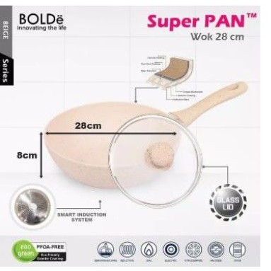 Wajan Superpan/ Wok pan/ Wajan keramik granite/ BOLDE Super Pan Wok Pan 28 cm with Glass Lid Beige