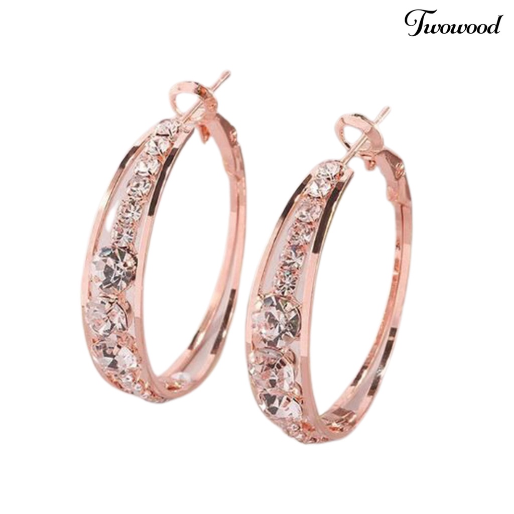 1 Pasang Anting Hoop Berlian Imitasi Bentuk Lingkaran Warna Rose Gold Untuk Wanita