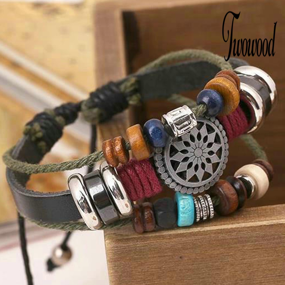 Gelang Tali Kulit Adjustable Multilayer Aksen Manik-Manik Gaya Boho Untuk Wanita