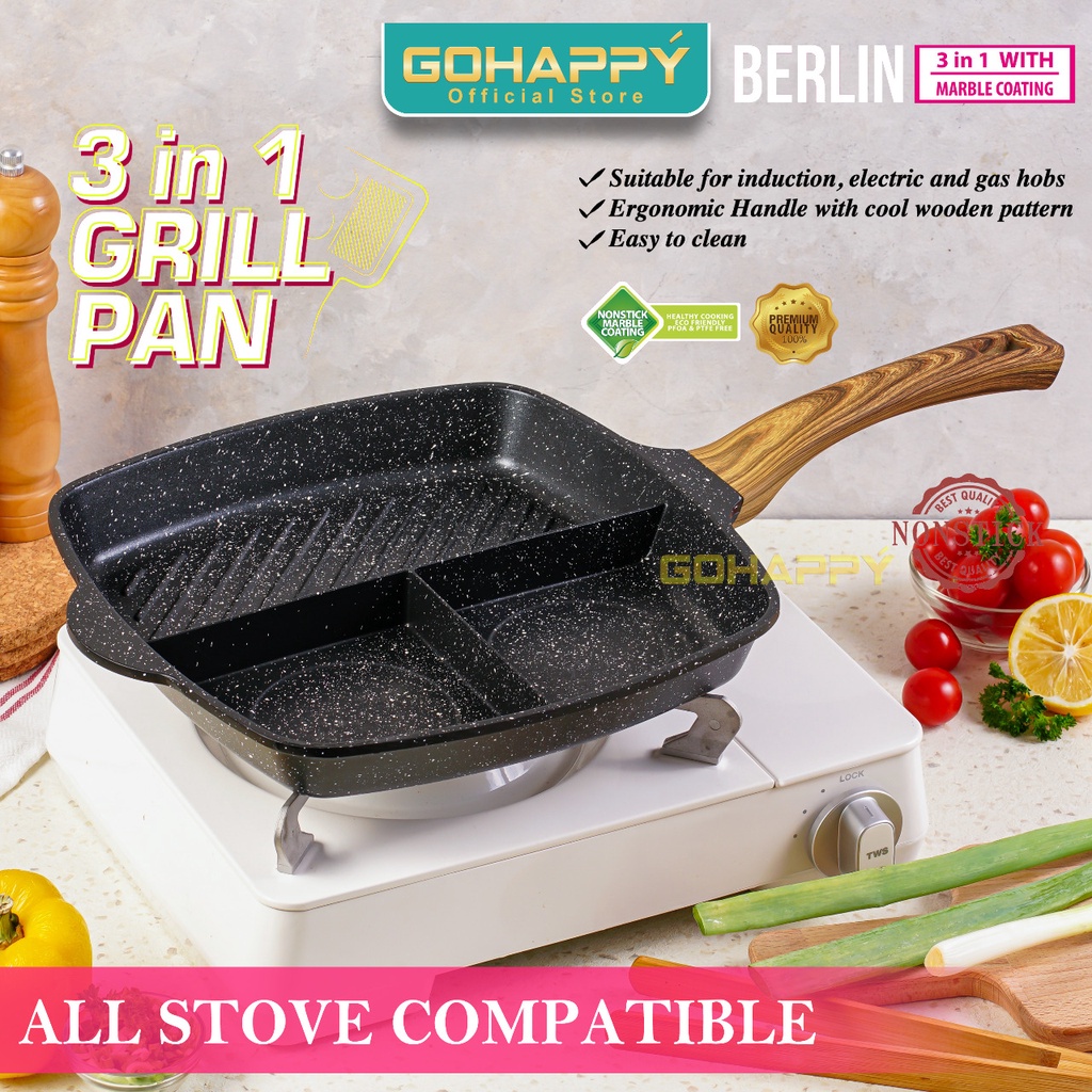 Everlux Berlin Grill Pan 3 sisi - Gohappy Panci Pemanggang Anti lengket - Alat panggang 3 sekat devider