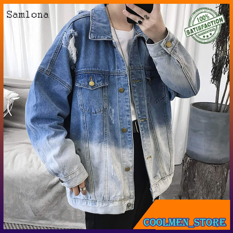 Jaket Jeans Pria / Jaket Denim Pria Men Casual Gradient color Design Denim Jacket Mens Trendy