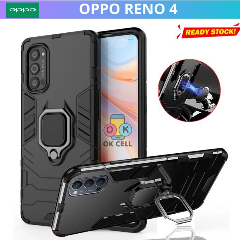 Hard Case Robot Ring Holder Magnetik Oppo Reno 4 - Hardcase Armor Transformer Iron Man Reno 4