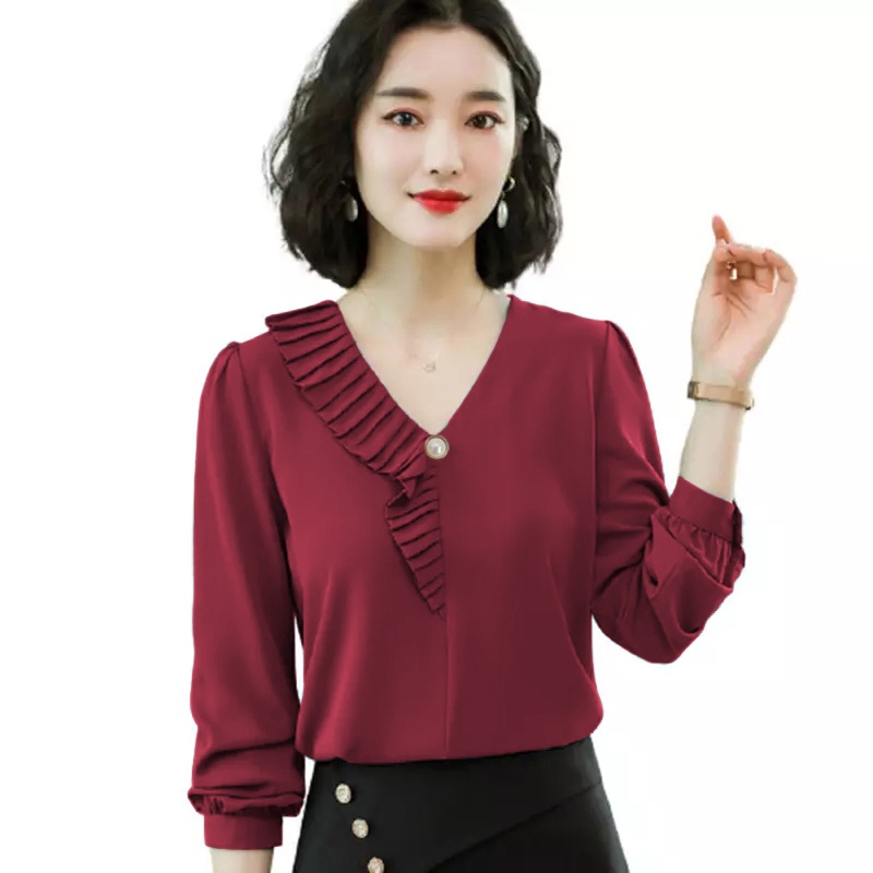 Blouse Lengan panjang Wanita Gaya Korea variasi leher Model Terbaru - XSHOP Verlin