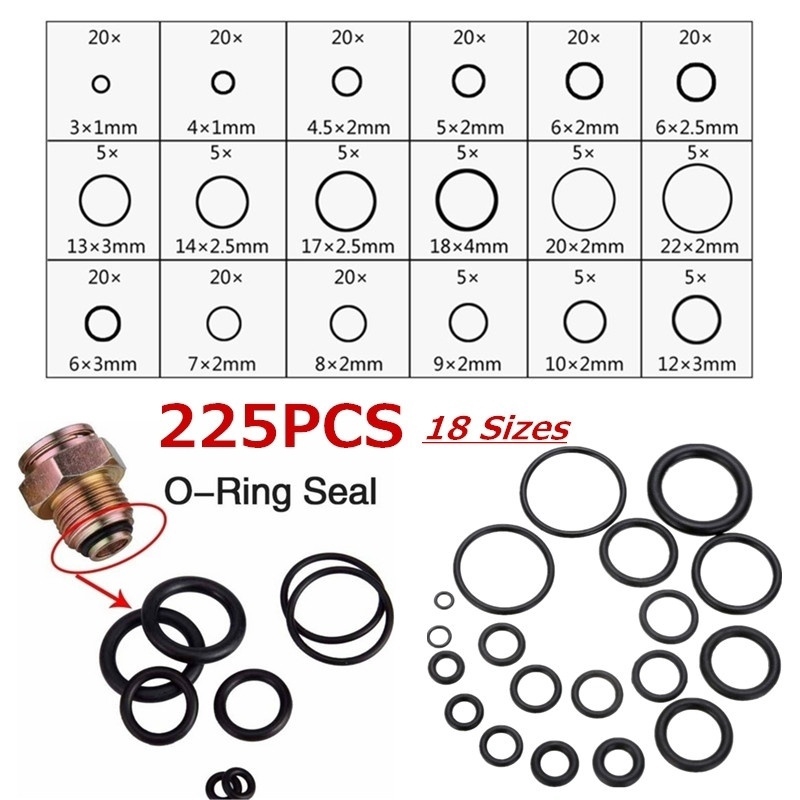 225pcs / Set Karet O-Ring 18 Ukuran Warna Hitam Tahan Lama Dengan Kotak Plastik