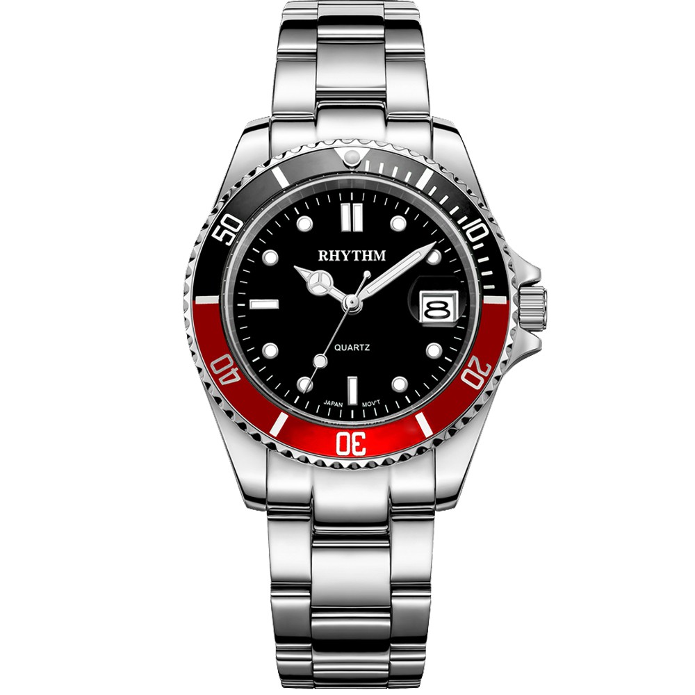 JAM TANGAN PRIA RHYTHM RQ1601 S05 RQ1601S05 ANALOG SILVER BLACK RED STAINLESS STRAP