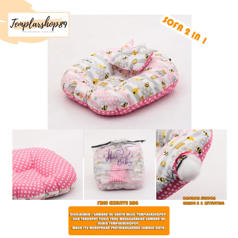 Sofa bayi / baby launger  FREE bantal mahkota bayi dan tas mika.-Lebah gris pink sofa