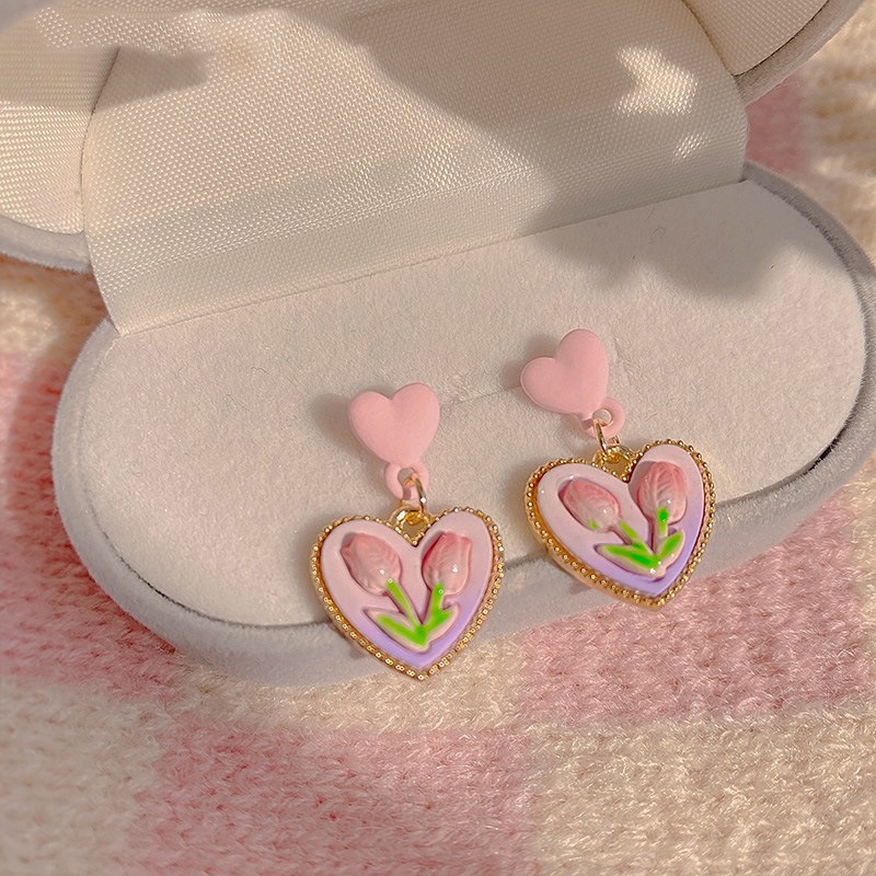 AY(CN) Anting Bentuk Bunga Hati Warna Pink Untuk Anak Perempuan