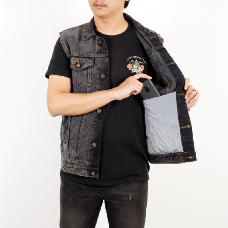 Jaket rompi jeans  grey black abu pria cowok kasual