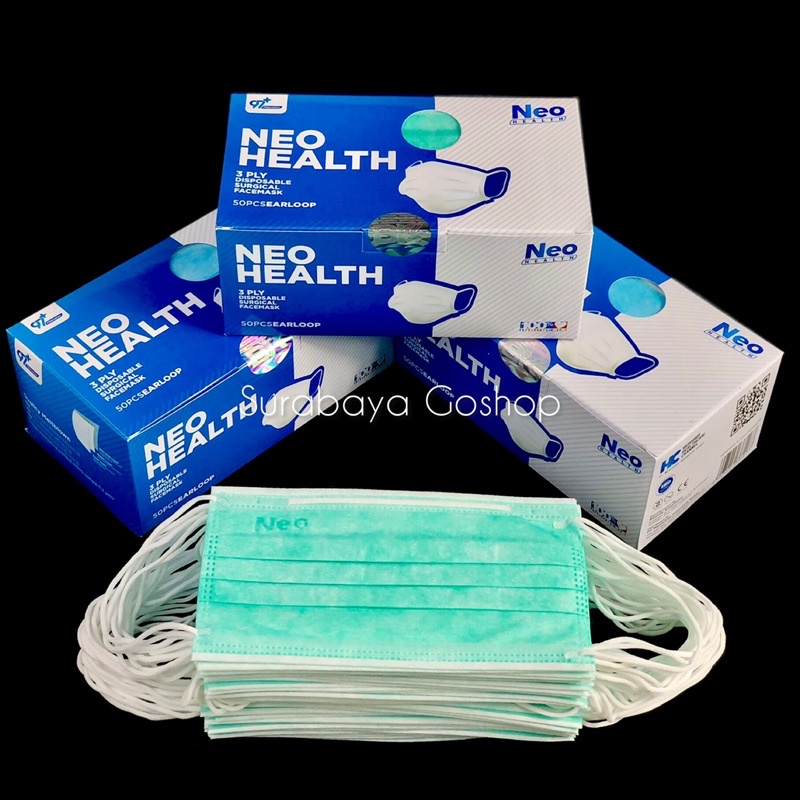Neo Health Mask Masker Medis 3ply 50pcs Neo Earloop Kemenkes Bfe Pfe Vfe Produk Indonesia