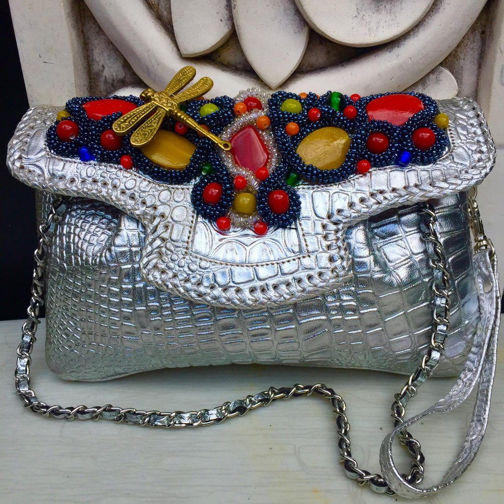 Clutch Pesta Raisa Size S Full Silver Color - Clutch Model Kipas Asli Tas Kulit Domba
