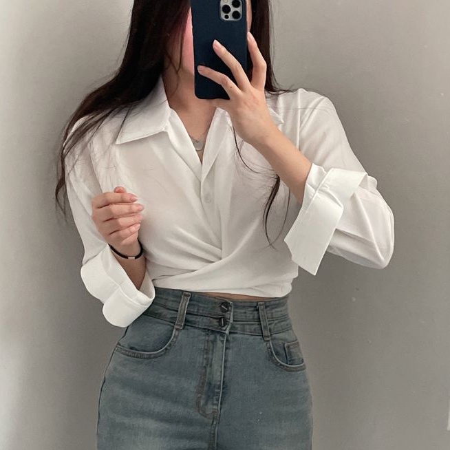 Crop Blouse Import Korean Style Lengan Panjang Wrapped Blouse kasual Baju Warna Putih Atasan Wanita