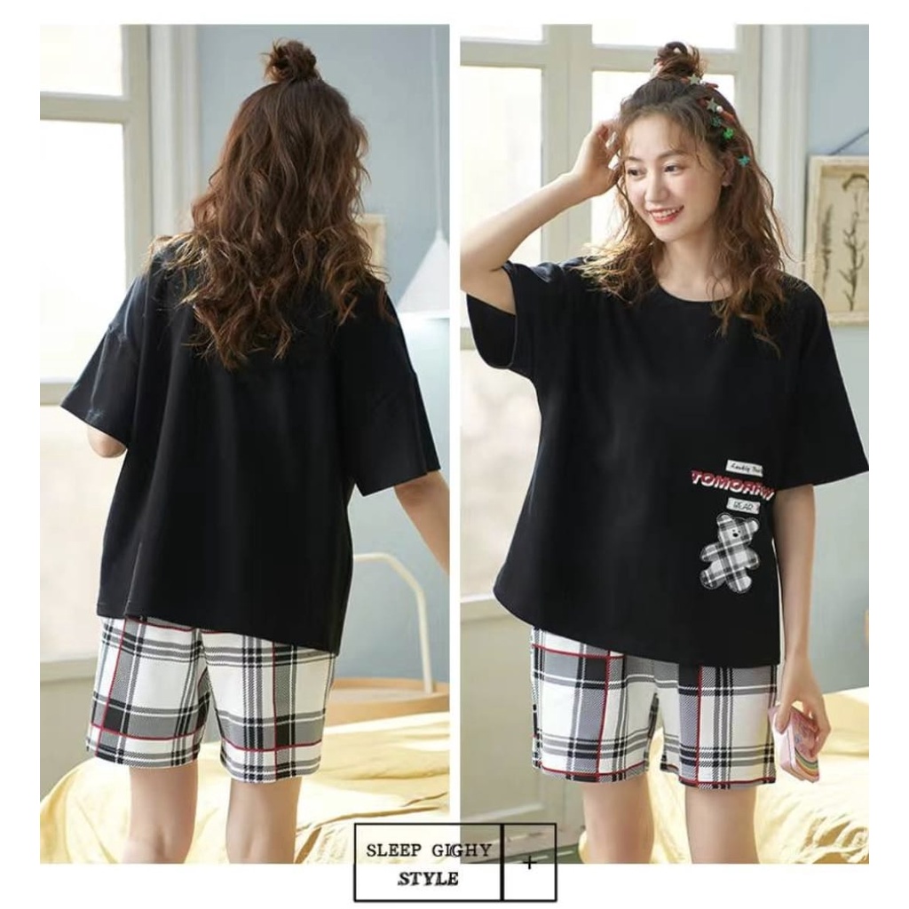 Baju tidur piyama lengan pendek celana pendek bahan kaos import