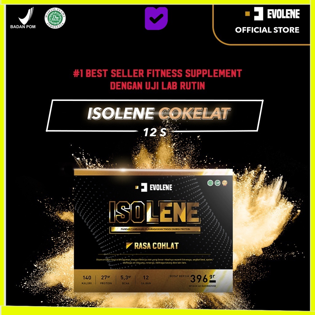 

Evolene Isolene Coklat 396gr/12 Sachet Premium Whey protein isolate BPOM HALAL EVOLINE EVOLIN EVOLEN