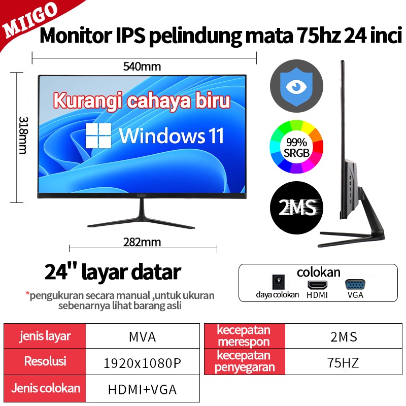 MIIGO layar IPS 24 inci anti cahaya biru / 99%SRGB/ layar lurus/ 75Hz, monitor kantor HD 1080p