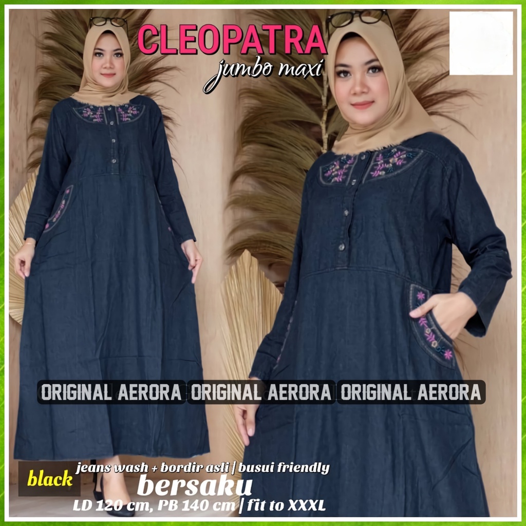 Baju Gamis Dewasa Jeans Jins Denim Jumbo Wanita Terbaru 2023 Dress Modern Busui Bordir Saku dan Dada Kekinian Ld 120 P 140 Cleopatra Maxy Allsize