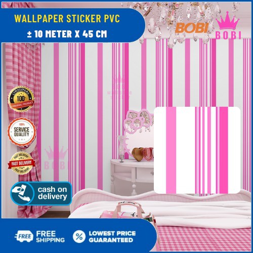 Wallpaper Sticker Tipis Z5351-2 Garis Pink Putih/ Wallpaper New 2021 / Ukuran 9mx45cm