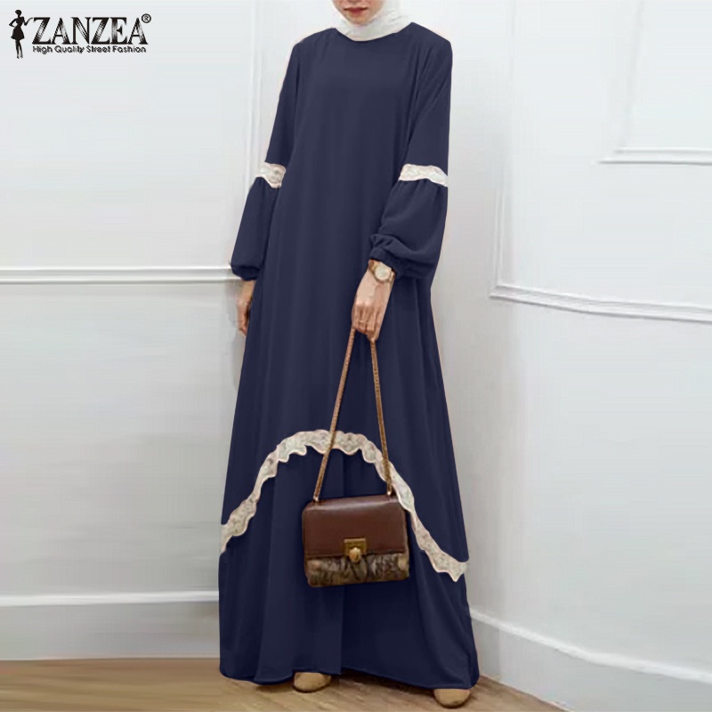 ZANZEA Women Fashion Full Sleeve O-neck Lace Patchwork Solid Muslim Long Dress