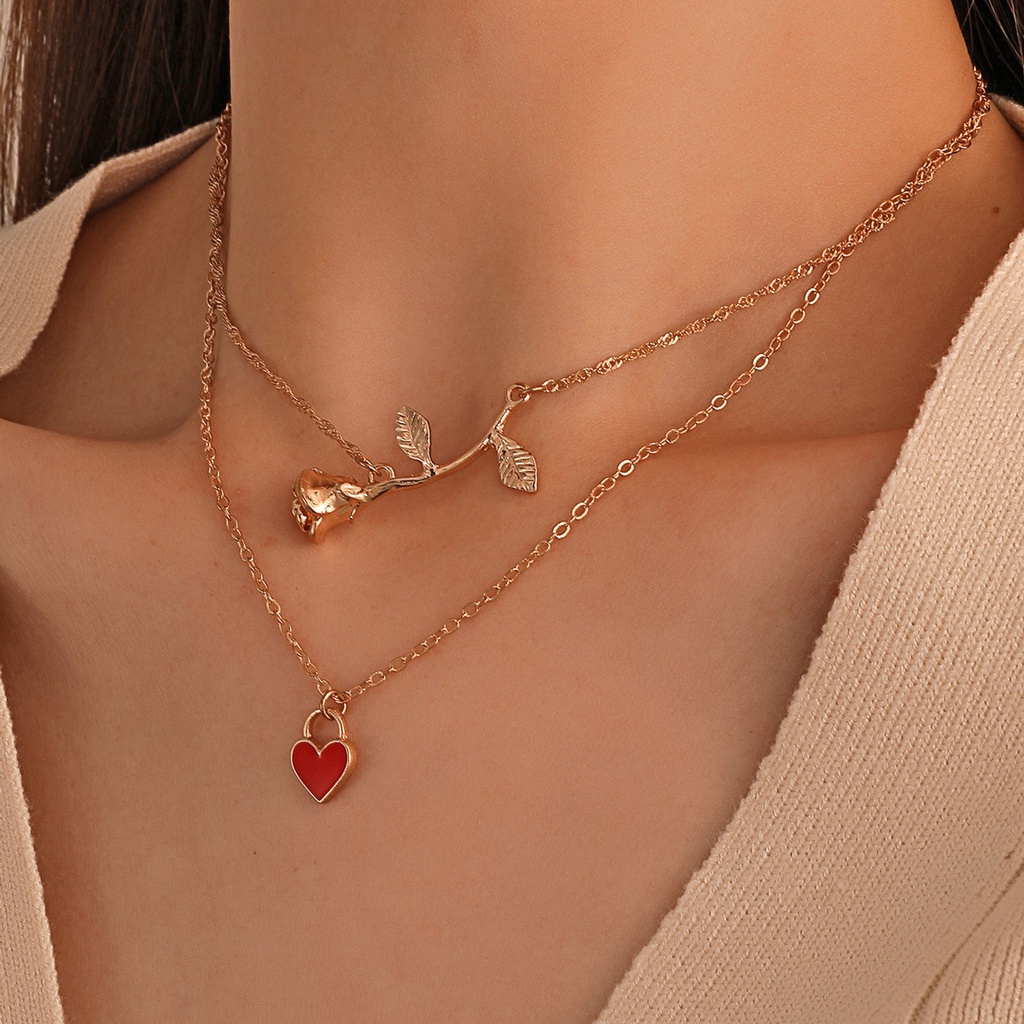 Kalung Bunga Mawar Multi-layer Baru Untuk Wanita Fashion Temperamen Cinta Liontin Rantai Klavikula Hadiah Tahun Baru/Hari Valentine