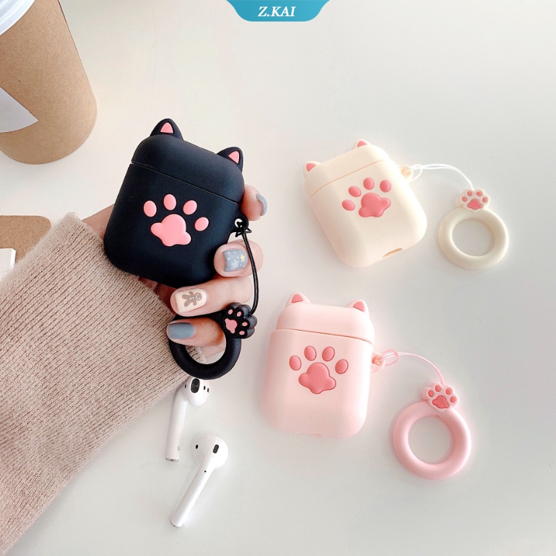 Casing Silikon Motif Kartun Cakar Kucing + Gantungan Kunci Untuk Simpan Earphone Wireless Bluetooth Apple AirPods 1 / 2 pro