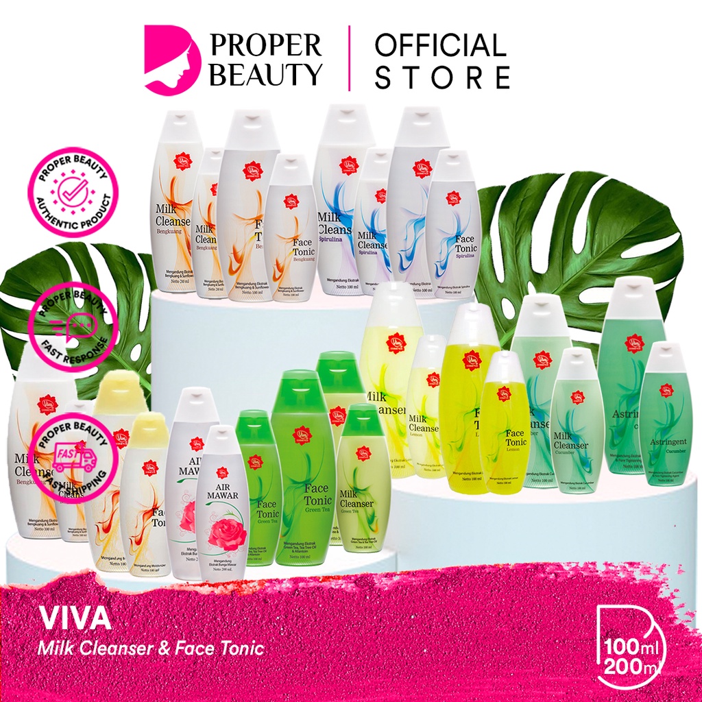 VIVA Milk Cleanser Indonesia / Original Bengkuang Spirulina Lemon Cucumber Greentea Astringent Cucumber 100ml 200ml / Cosmetic Face Tonic Air Mawar Waterdrop Sleeping Mask Queen Eye Brow Pencil Toner Essence Mist Serum Eye Cream Sunscreen Masker / Paket