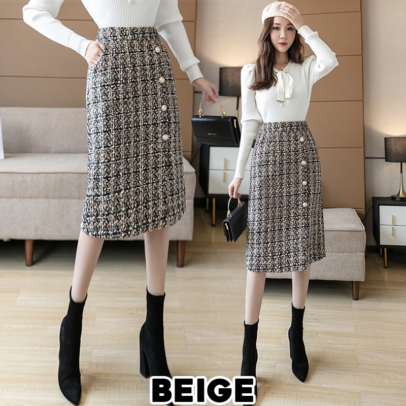 KARAKOREA 9977 Side Pocket Tweed Skirt/Korean Women Skirt/Rok Midi