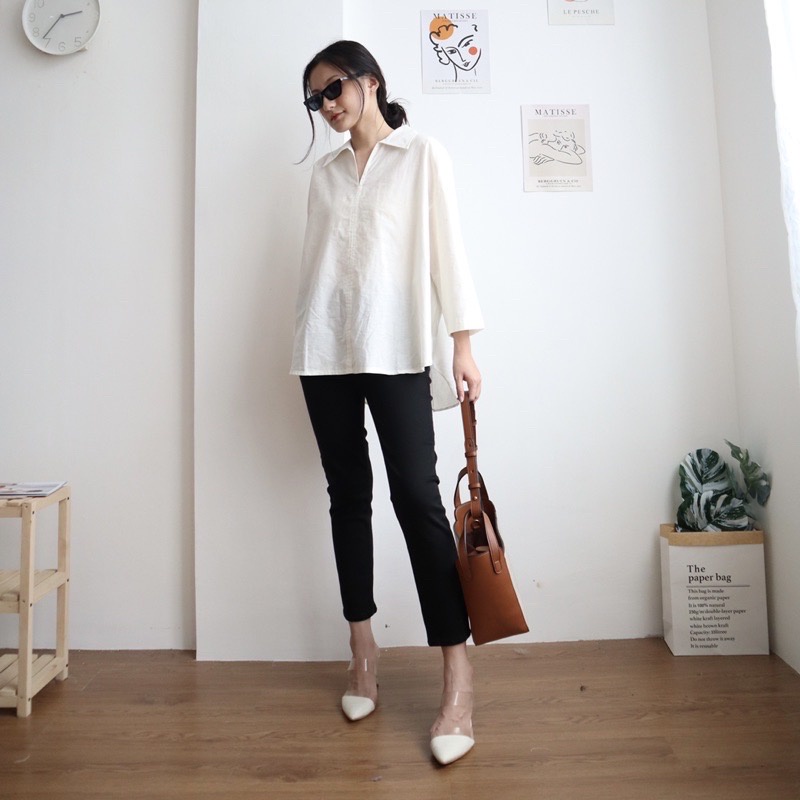 BEFAST - ZFS OOTD Kemeja MICHAN / VINCI LINEN OVERSIZE SHIRT / Kemeja Wanita Kantor / Pakaian Wanita Casual / Kemeja Lengan Panjang Polos / Keluaran Terbaru / Fashion Wanita Modis / Kemeja Formal / Terlaris / Kemeja Leher V