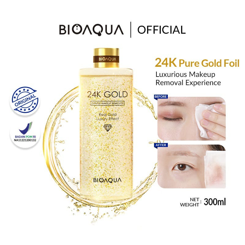 BPOM BIOAQUA 24K Gold Gentle Makeup Remover Micellar Water 300ml / Lip &amp; Eye Makeup Remover For All Skin Type / MB