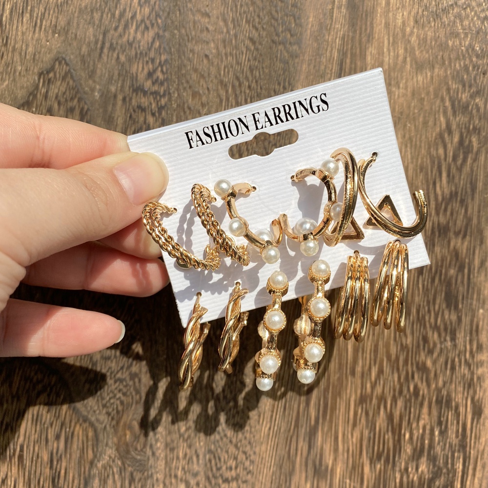 Anting Set Tusuk Korea 9 Pasang Mutiara Diamond Segitiga Hoop Lingkaran Untuk Wanita Dalika