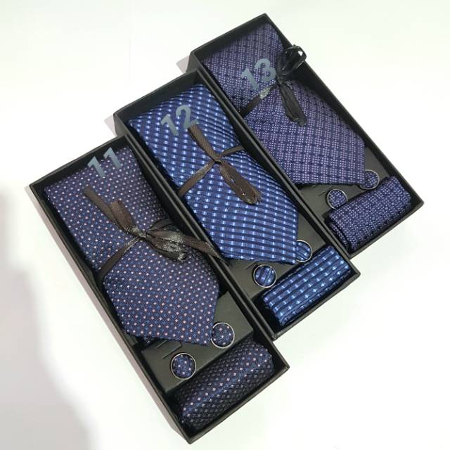 SET BOX Dasi Panjang Pocket Square Cufflink Gift Motif Pria Manset pernikahan Wedding