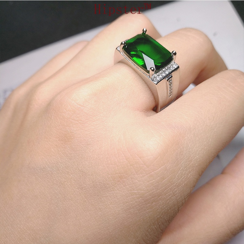 Hot Sale Simple Domineering Inlaid Emerald Square Adjustable Ring