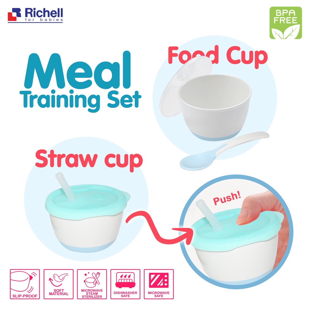 Richell Meal Training Set Mangkok Makan Minum Aqulea Straw Cup dan Food Cup